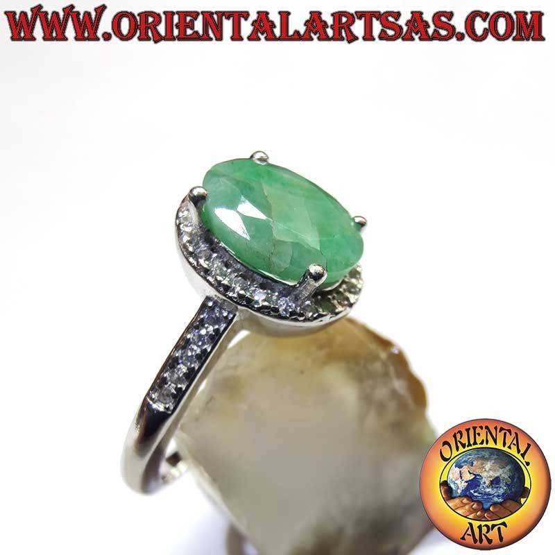 Anello Argento 925 Smeraldo Naturale Ovale - Contorno Zirconi