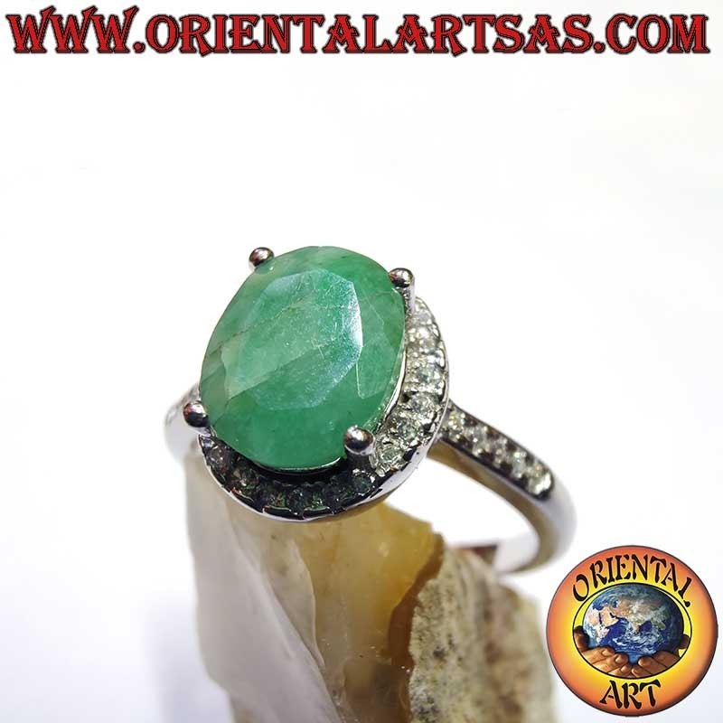 Silber 925 Natur-Smaragd Oval Ring - Zirkonia Kranz