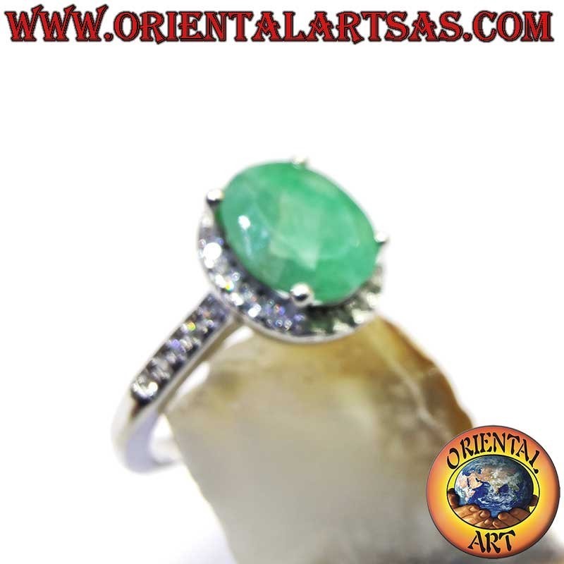 Anillo Plata 925 Esmeralda Natural Oval - Contorno Circonitas