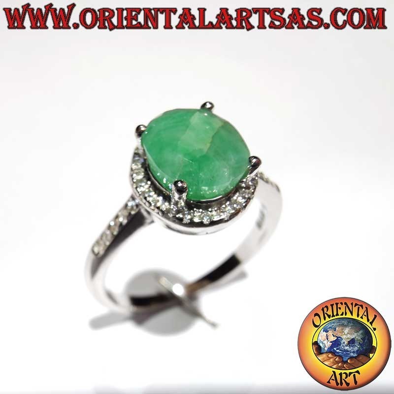 Anillo Plata 925 Esmeralda Natural Oval - Contorno Circonitas