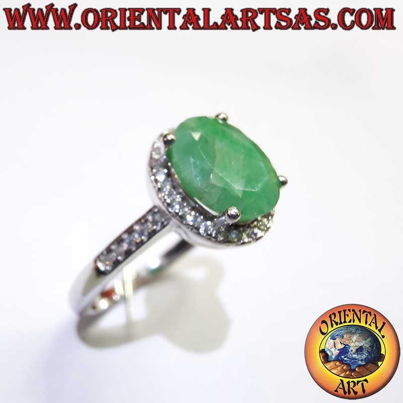 Anello Argento 925 Smeraldo Naturale Ovale - Contorno Zirconi