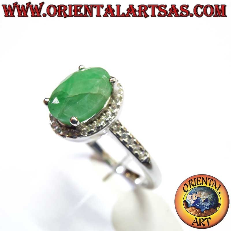 Silber 925 Natur-Smaragd Oval Ring - Zirkonia Kranz