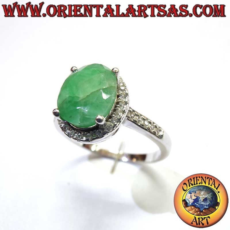 Anillo Plata 925 Esmeralda Natural Oval - Contorno Circonitas