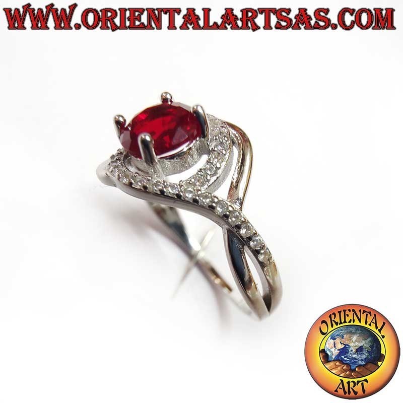 Anillo Plata 925 Granate Circonitas - Diseño Asimétrico