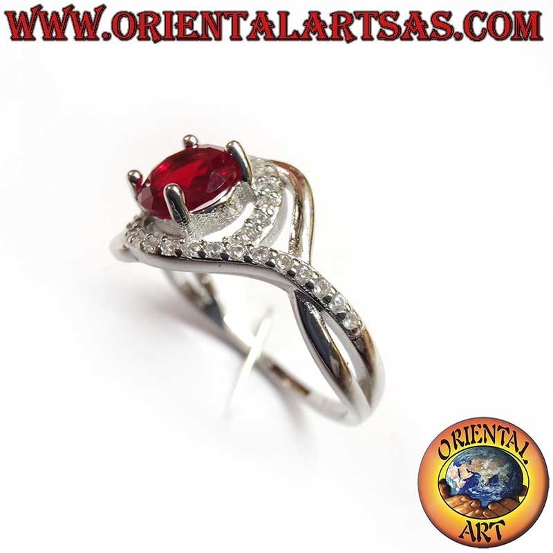 Anello Argento 925 Granato Zirconi - Design Asimmetrico