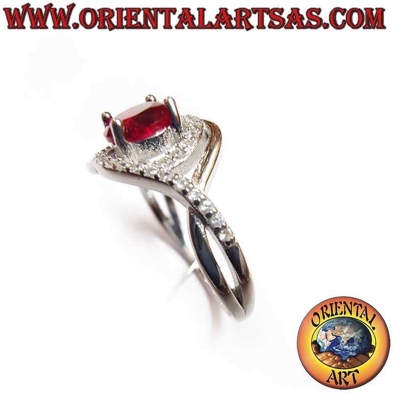 Anillo Plata 925 Granate Circonitas - Diseño Asimétrico