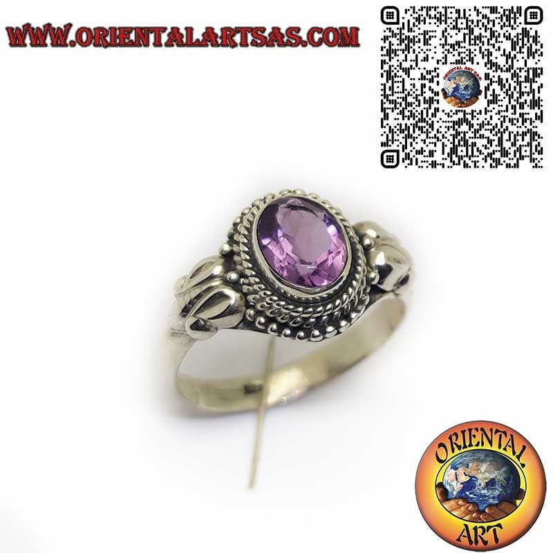 Anello in argento con ametista ovale naturale (A++) Design intrecciato
