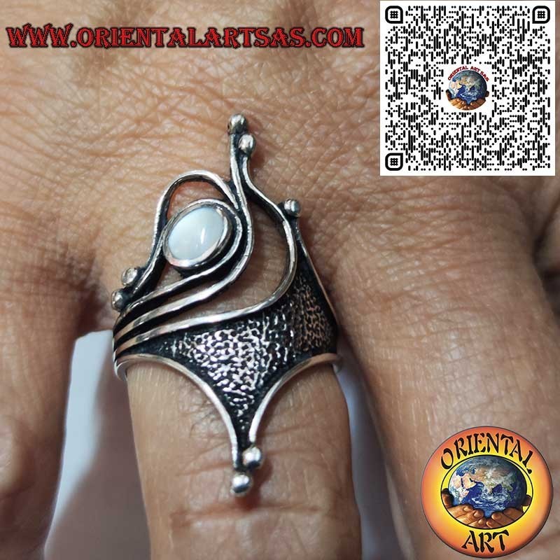 Silber 925 Ring mit Perlmutt | Skulpturales Oxidiertes Design Jugendstil