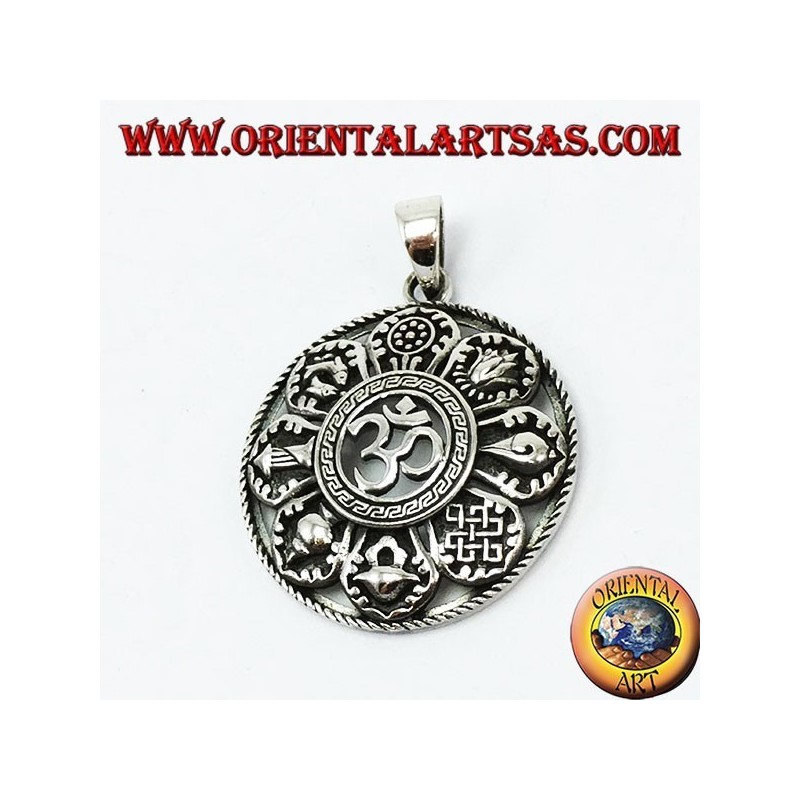 Silver Pendant, Om with eight Good Auspicious Symbols (Large)