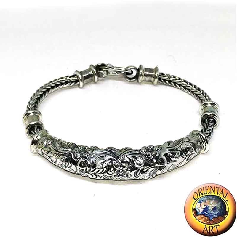 Bracelet Snake en Argent 925 avec Insert Floral Ciselé