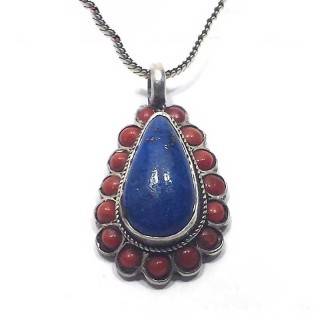 Pendentif argent Lapis goutte entouré de corail
