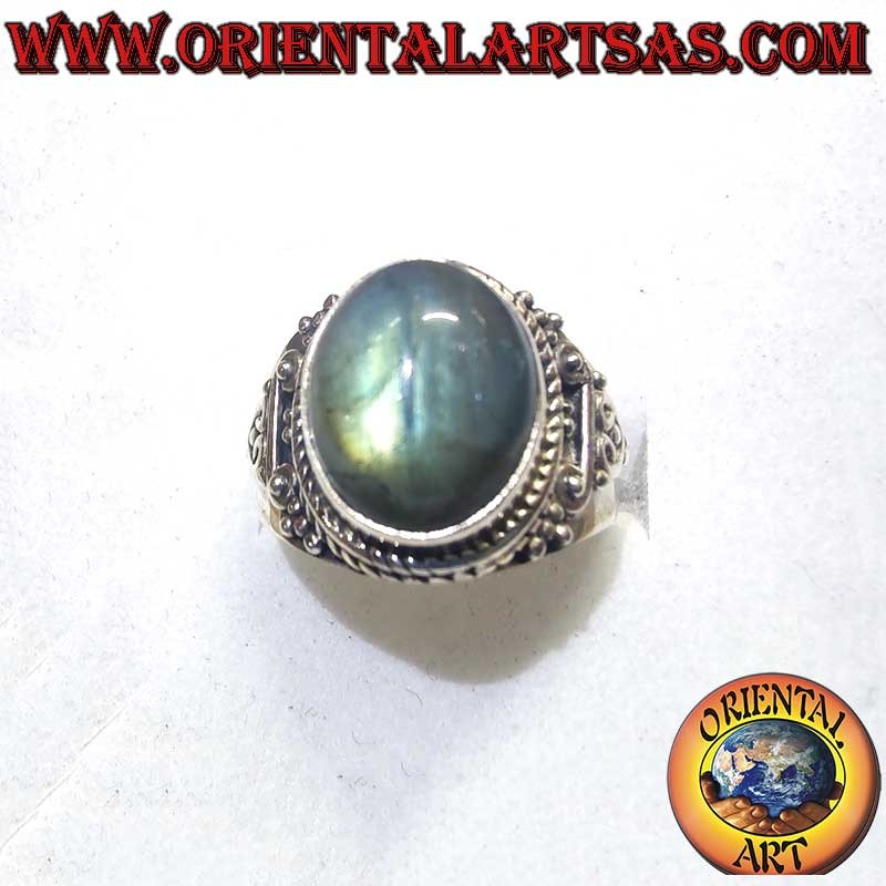 Wide Crescent Band Ring Oval Labradorite 925 Silver - Spiritual Jewelry Oriental Art