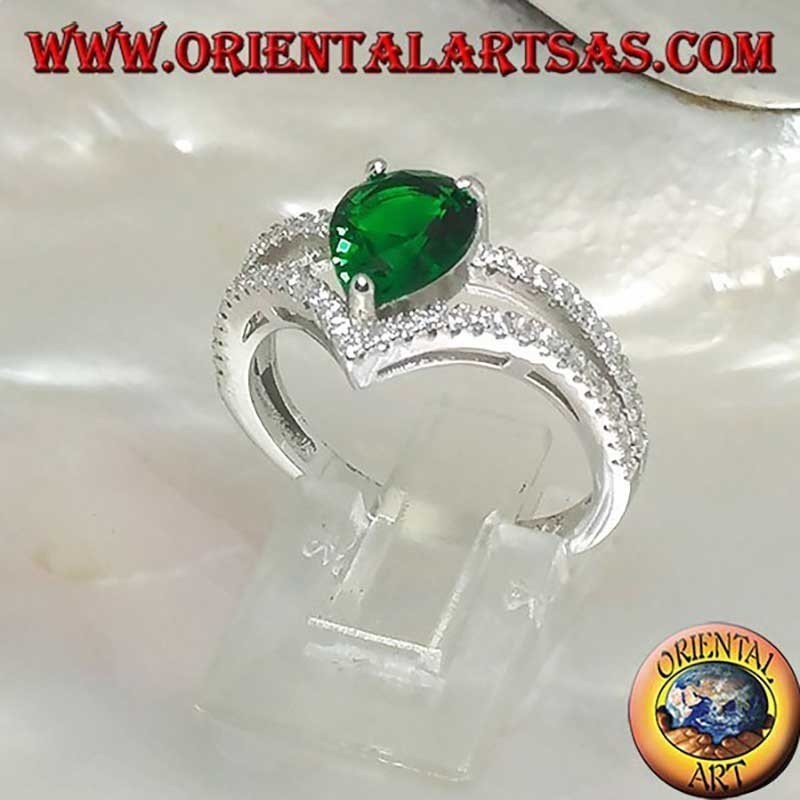 Anillo de Plata 925 con Esmeralda Sintética en Pera y Circonitas