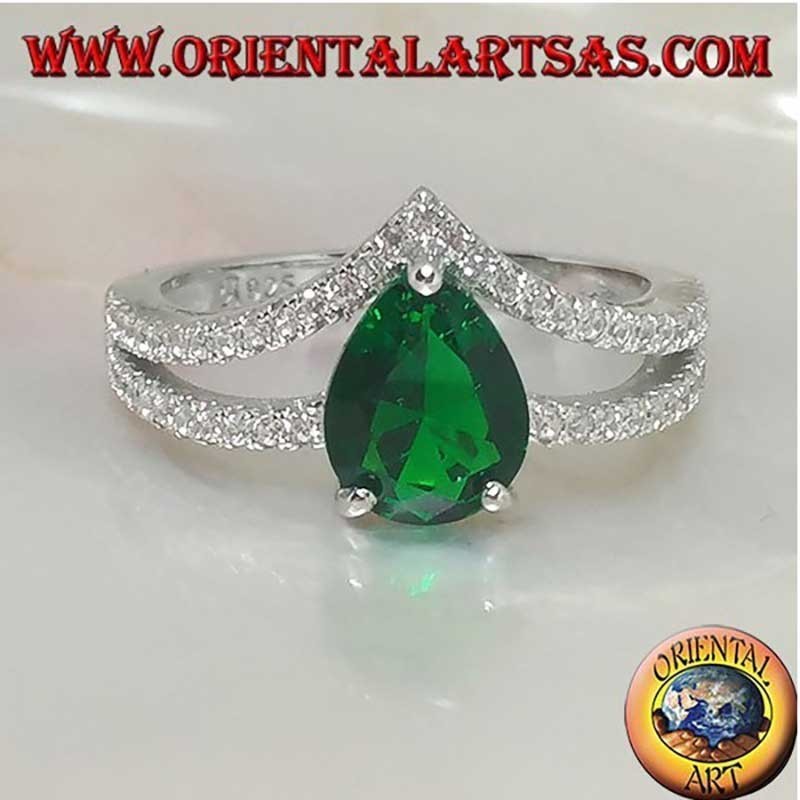 Anillo de Plata 925 con Esmeralda Sintética en Pera y Circonitas