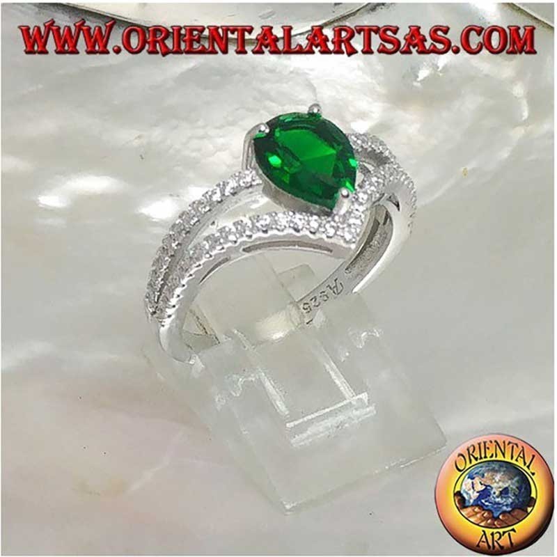 Anillo de Plata 925 con Esmeralda Sintética en Pera y Circonitas