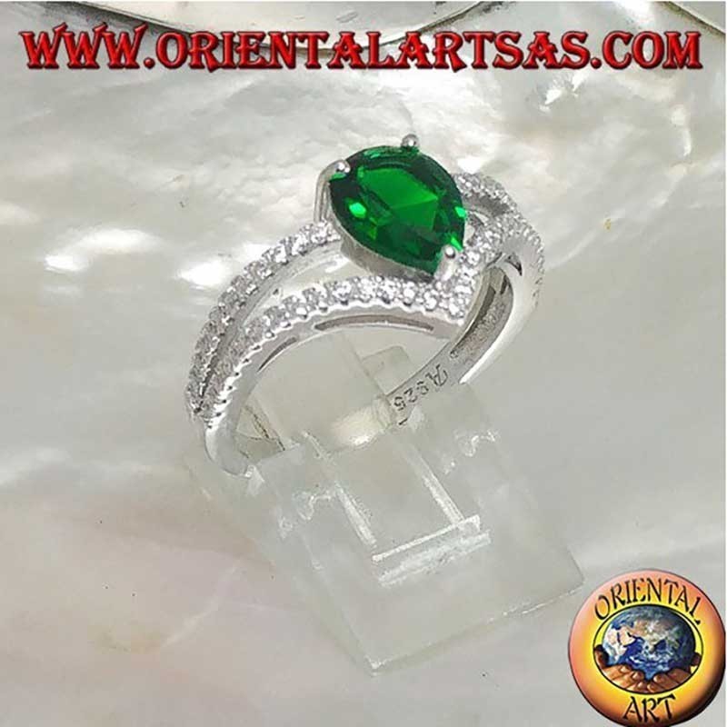 Bague en Argent 925 avec Émeraude Synthétique en Poire et Zirconiums