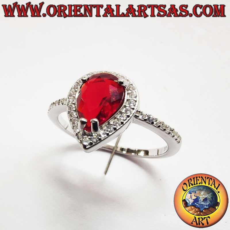 Garnet Teardrop Ring Zircons 925 Silver - Red Gemstone Jewelry Oriental Art