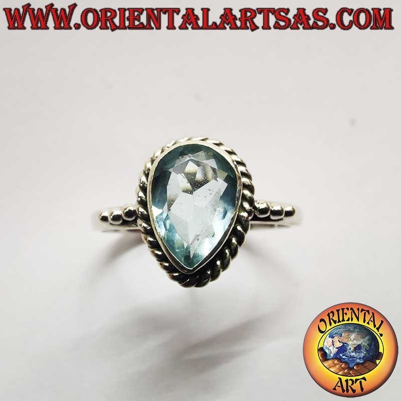 Bague Topaze Goutte Tresse Trois Perles Argent 925 7x10mm