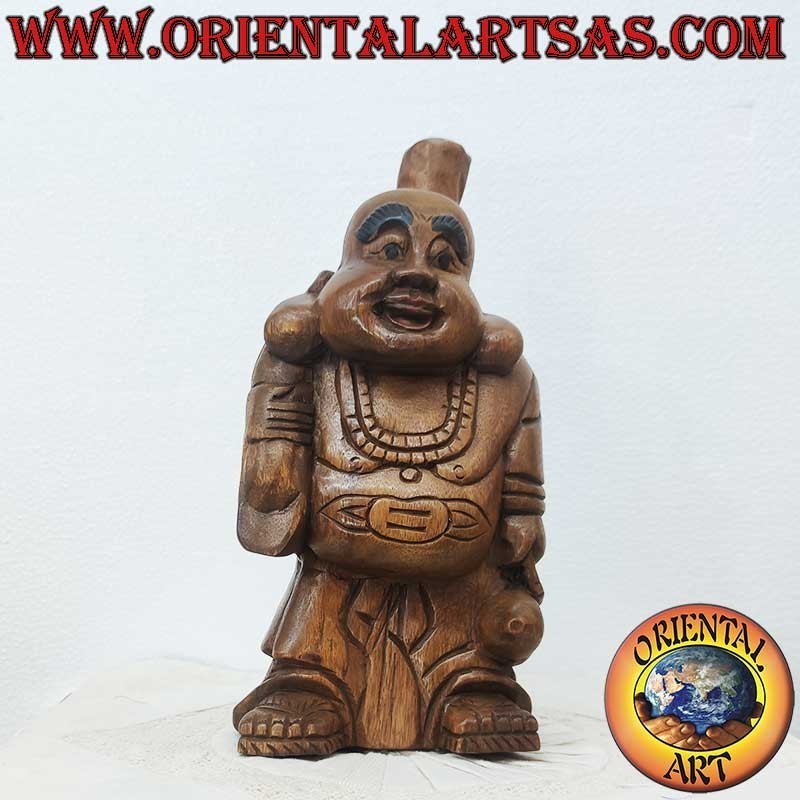 Handgeschnitzte Happy Buddha Skulptur aus Teakholz – Thailand 32 cm