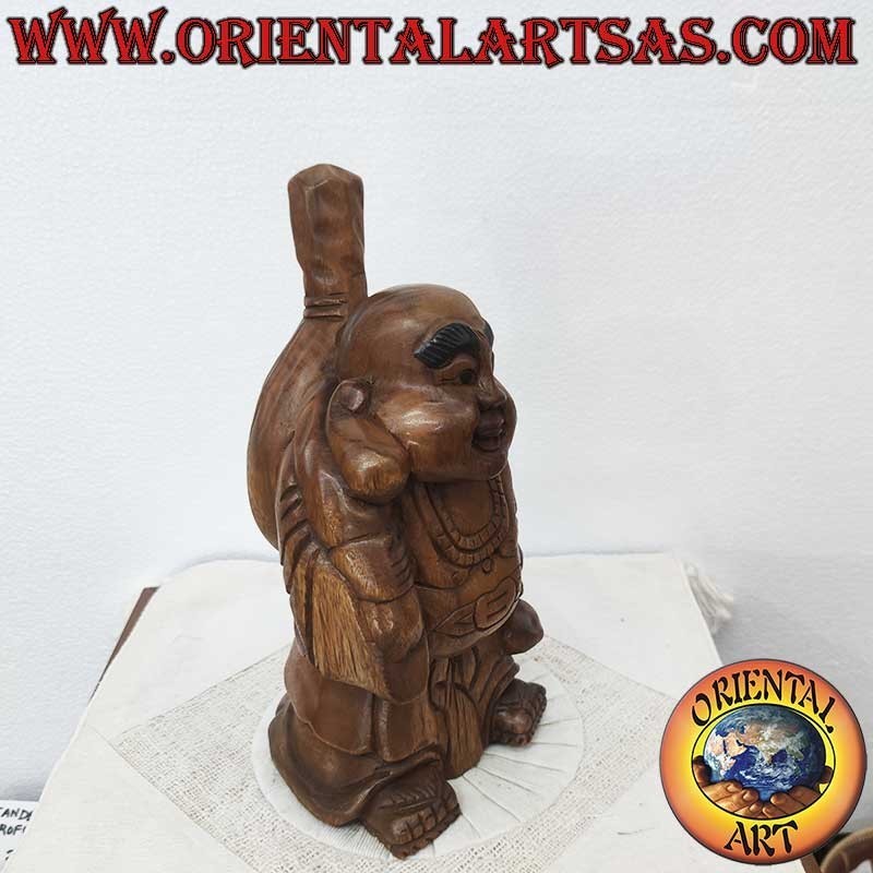Hand Carved Teak Wood Happy Buddha Sculpture – Thai Handmade Statue 32 cm