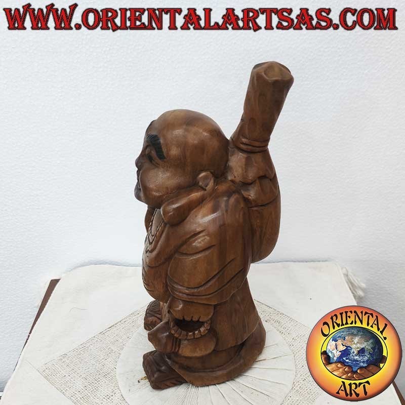 Handgeschnitzte Happy Buddha Skulptur aus Teakholz – Thailand 32 cm