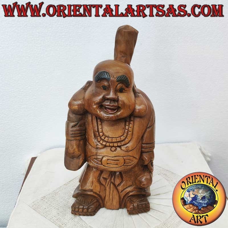 Statue Bouddha Rieur en Bois de Teck Sculpté Main – Thaïlande 32 cm