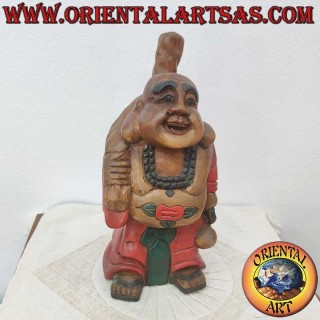 Happy Buddha Sculpture Teak Wood Handmade 32cm - Unique Piece Oriental Art