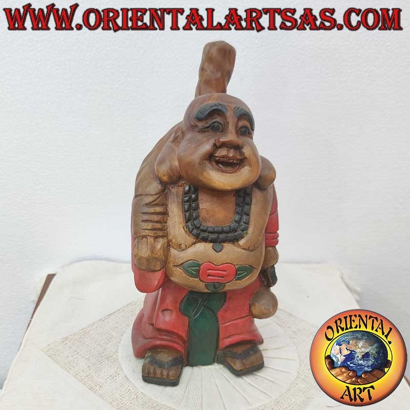Sculpture Bouddha Heureux Bois Teck Fait Main 32cm - Pièce Unique Oriental Art