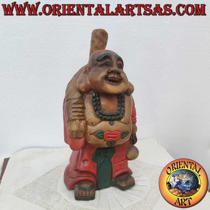 Escultura del Buda de la Felicidad en madera de teca, hecha y pintada a mano.
