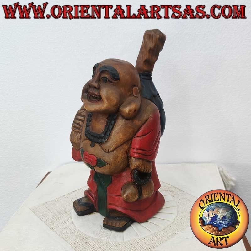 Escultura del Buda de la Felicidad en madera de teca, hecha y pintada a mano.