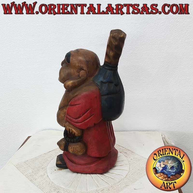 Buddha of Happiness Sculpture in Teak Wood, Hand Made and Colored