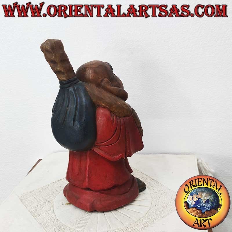 Buddha of Happiness Sculpture in Teak Wood, Hand Made and Colored