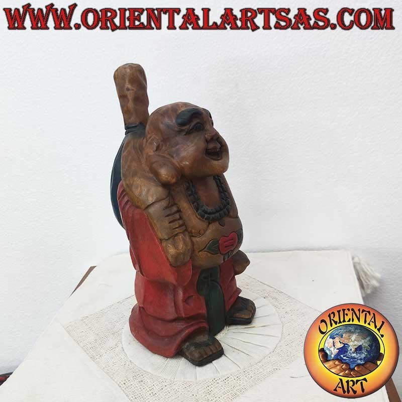 Buddha of Happiness Sculpture in Teak Wood, Hand Made and Colored