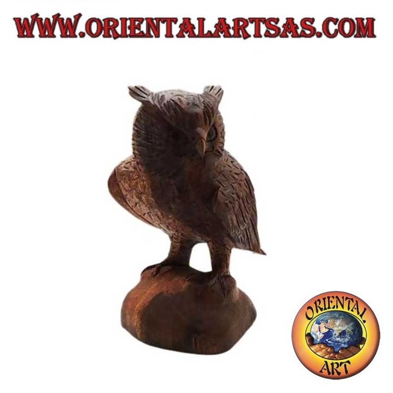 Sculpture of an eagle owl standing upright on its paws hand-carved in 21 cm suar wood