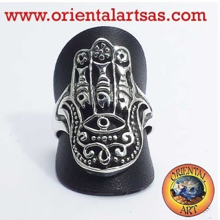Hamsa Hand Evil Eye Openwork Ring 925 Silver - Protection Amulet Oriental Art