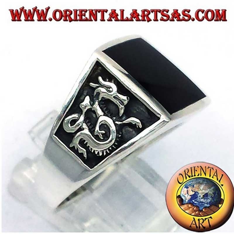 Square Onyx Dragon High Relief Ring 925 Silver Men's | Oriental Art