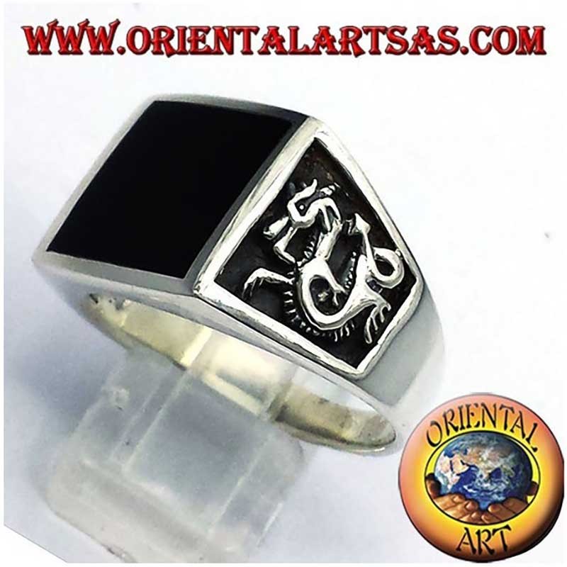 Anello Onice Quadrata Drago Altorilievo Argento 925 - Gioiello Uomo Oriental Art
