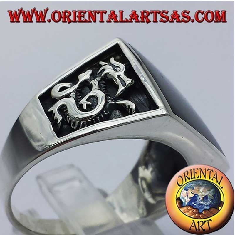 Quadratischer Onyx Drachen Hochrelief Ring 925 Silber Herren | Oriental Art