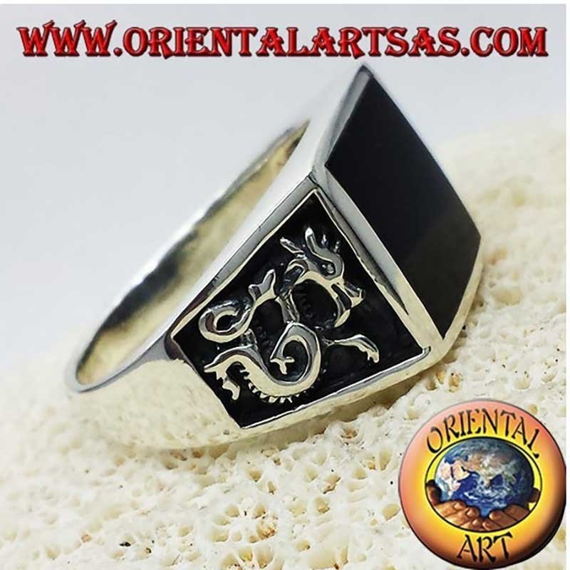 Bague Onyx Carré Dragon Haut-Relief Argent 925 Homme | Oriental Art