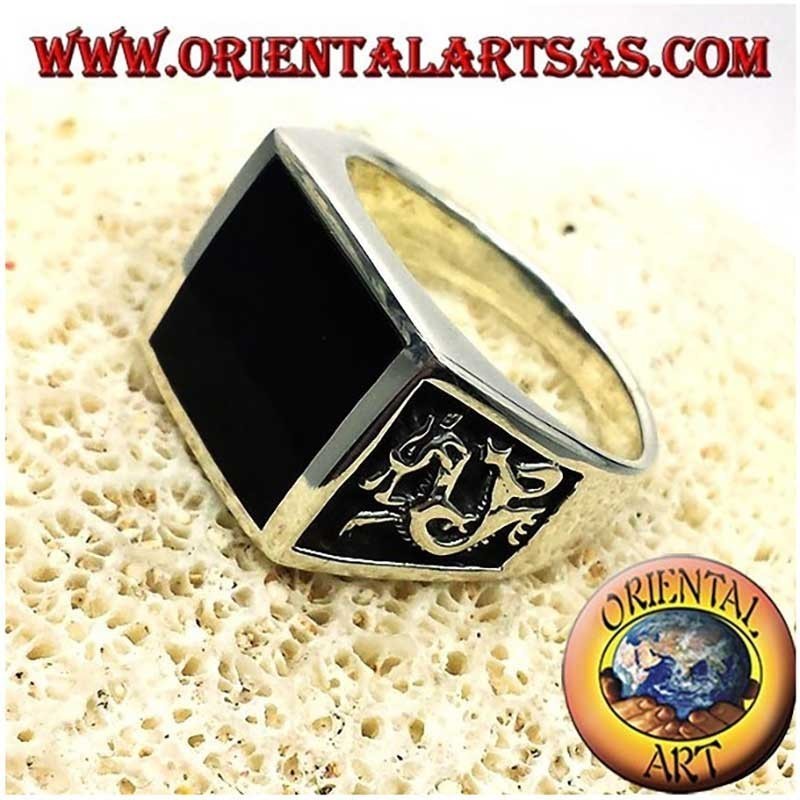 Square Onyx Dragon High Relief Ring 925 Silver Men's | Oriental Art