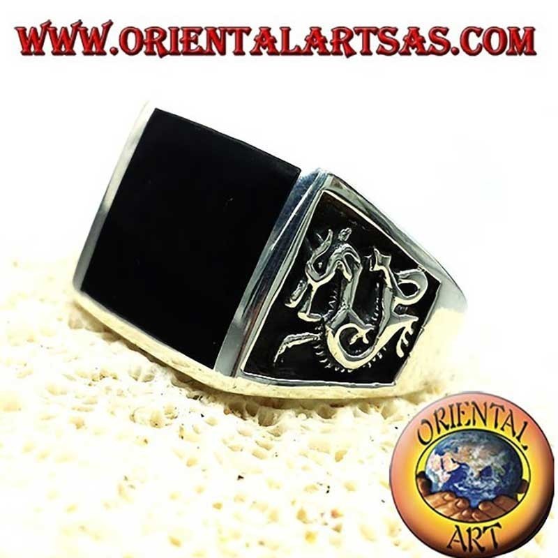 Square Onyx Dragon High Relief Ring 925 Silver Men's | Oriental Art