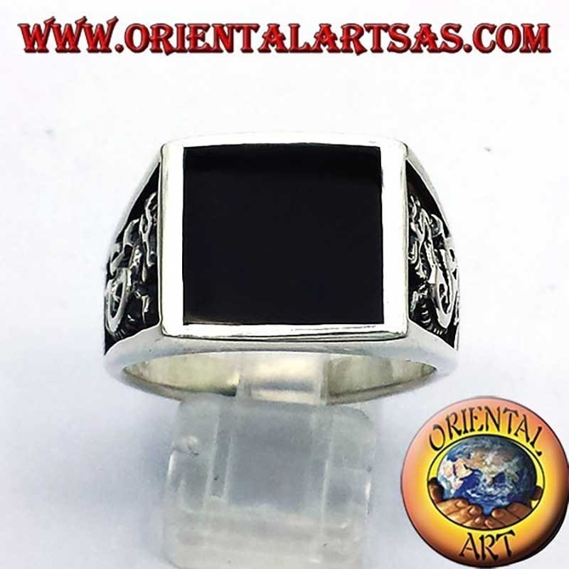 Quadratischer Onyx Drachen Hochrelief Ring 925 Silber Herren | Oriental Art