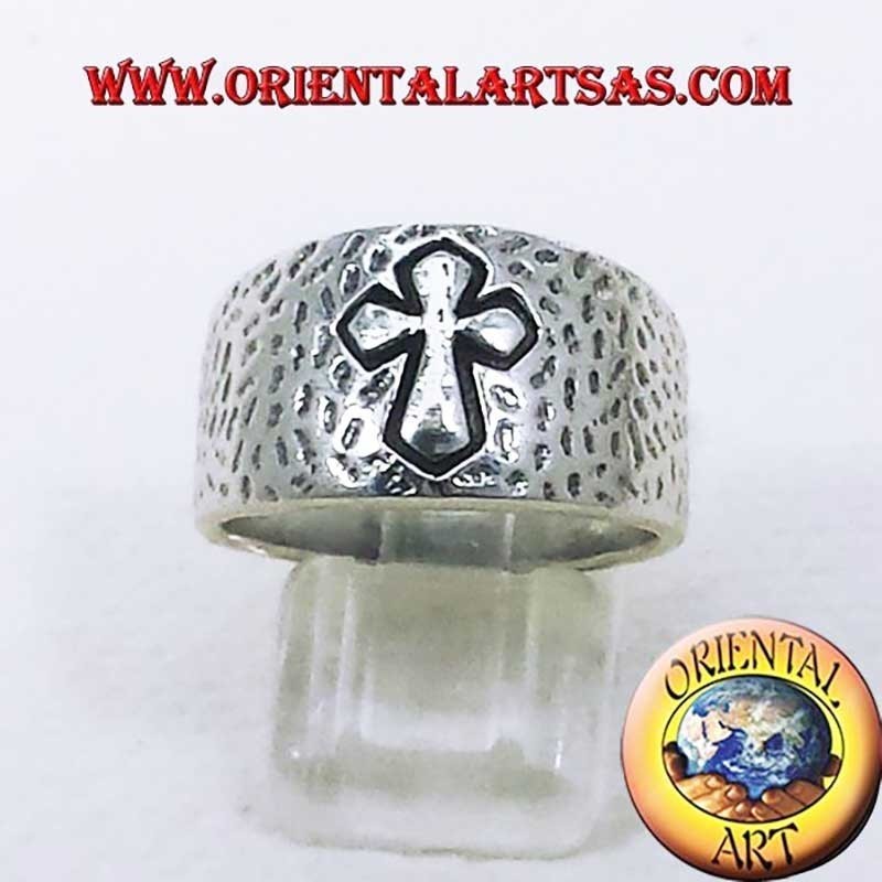 Hammered Band Cross High Relief 925 Silver Ring 12mm | Oriental Art