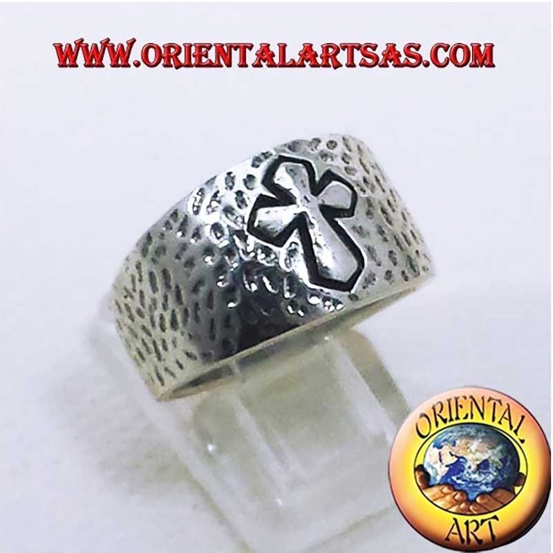 Bague Bande Martelée Croix Haut-Relief Argent 925 12mm | Oriental Art