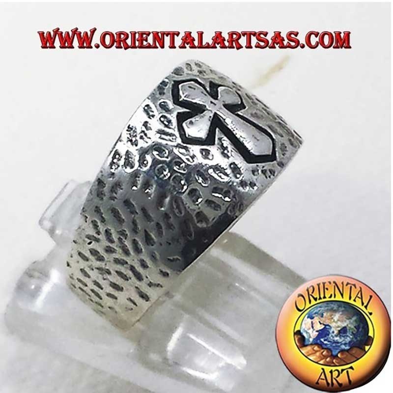 Bague Bande Martelée Croix Haut-Relief Argent 925 12mm | Oriental Art