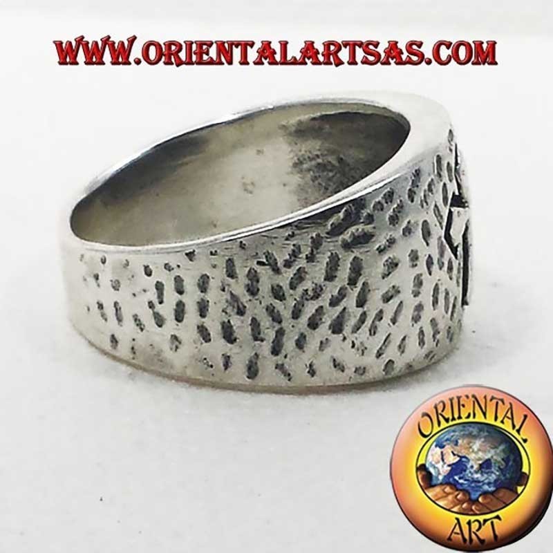 Anillo Banda Martillado Cruz Alto Relieve Plata 925 12mm | Oriental Art