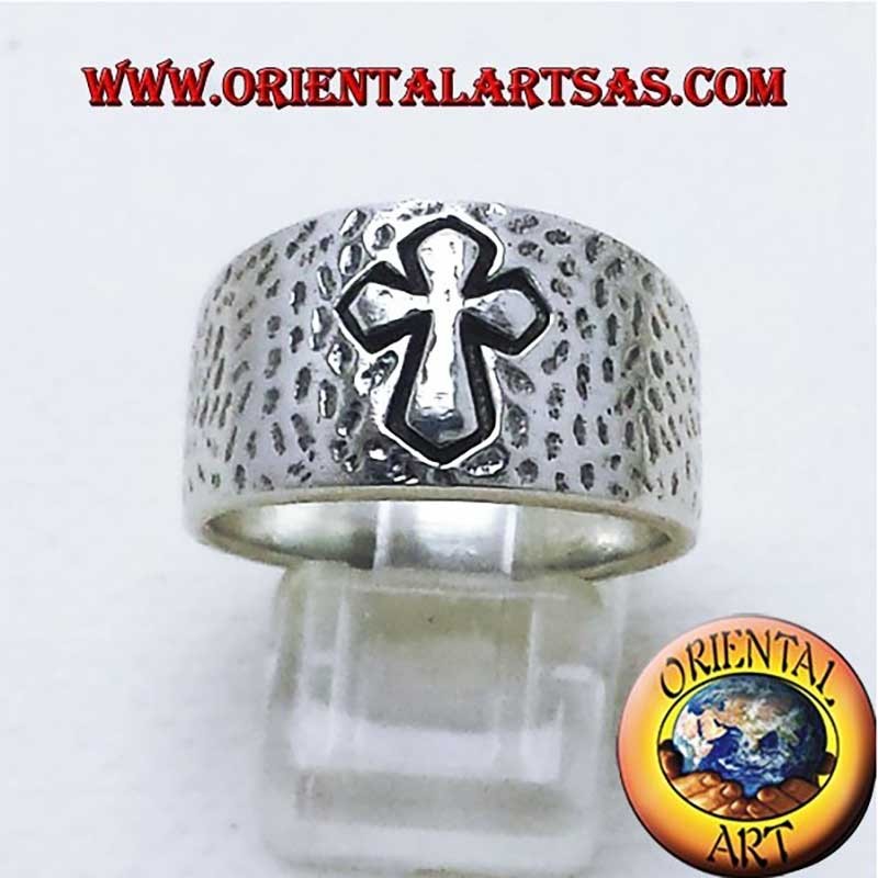 Bague Bande Martelée Croix Haut-Relief Argent 925 - Bijou Foi Oriental Art