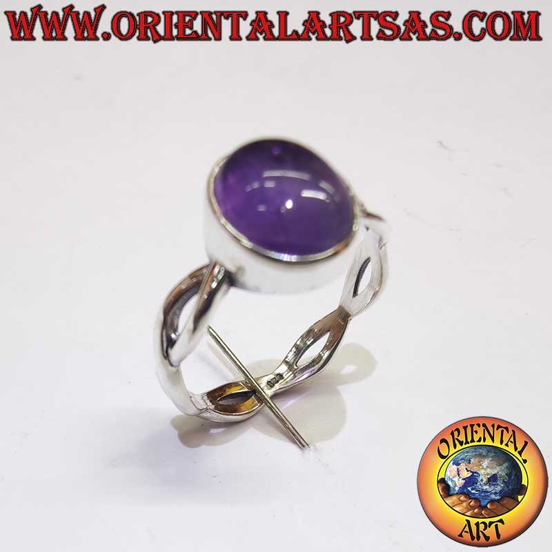 Anello Ametista Ovale Cabochon Gambo Intrecciato Argento 925 - Gioiello Spirituale Oriental Art