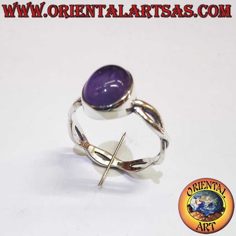 Oval Amethyst Cabochon Braided Shank Ring 925 Silver | Oriental Art