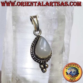 Rare Moonstone Teardrop Braid Three Beads Pendant 925 Silver - Spiritual Jewelry Oriental Art